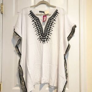Vince Camuto White Tunic with Black Embroidery and Fringe